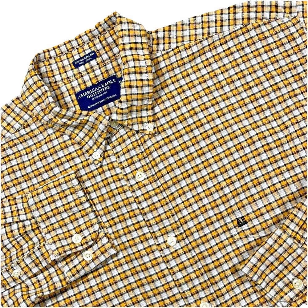 American Eagle Rugged Oxford Button Down Shirt Men's L Yellow Plaid Check Casual